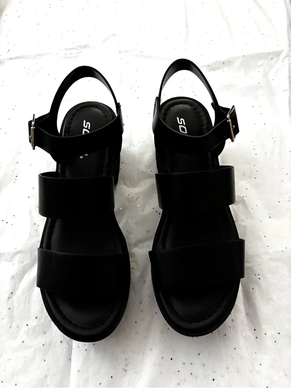 Soda Black Platform Crisscross Sandals with Gold Buckle